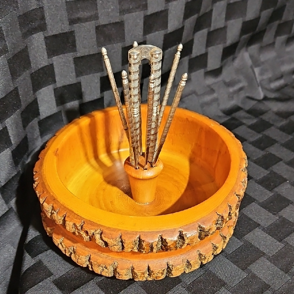 Vintage Mid-Century Live Edge Tree Bark Nutcracker Bowl Set